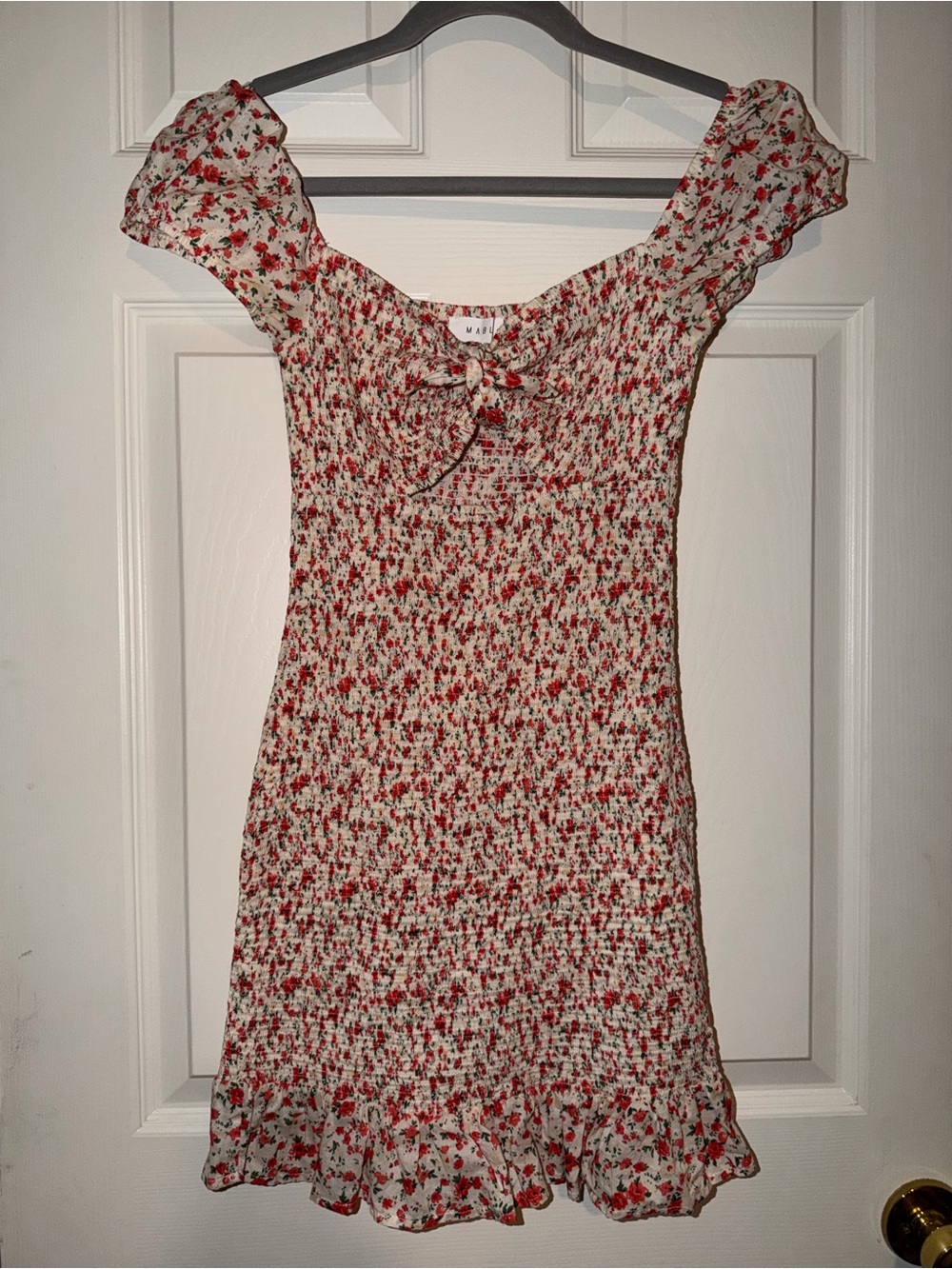 Mable Smocked Off-Shoulder Mini Dress in Cream with Red Floral Print